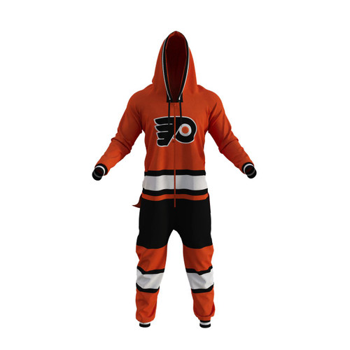Hockey Sockey Philadelphia Flyers NHL Onesie, orange and black hockey-themed onesie with the Philadelphia Flyers logo on the chest, hood, and matching pants.