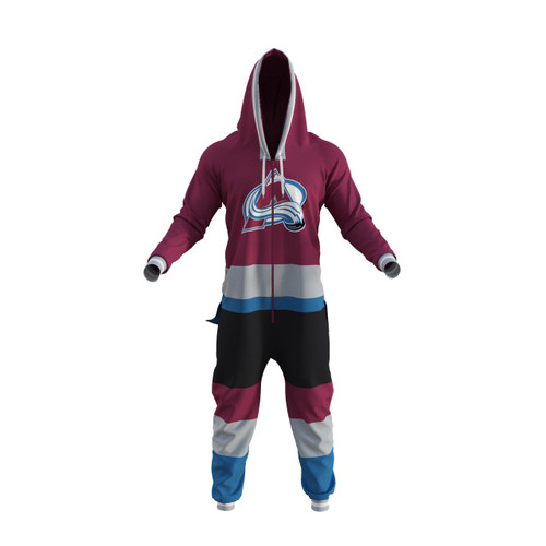 Hockey Sockey Colorado Avalanche NHL Onesie, a colorful sports-themed hoodie and pant set with the Colorado Avalanche logo and team colors.