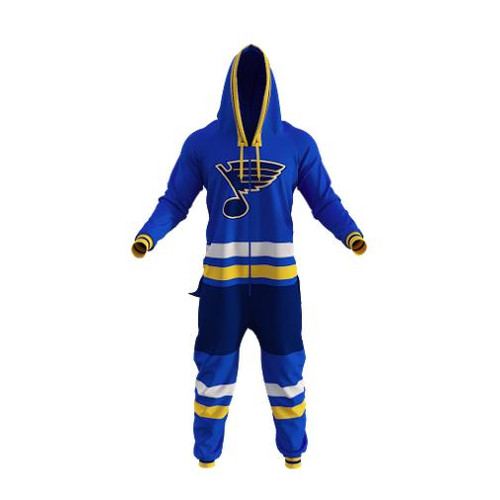 Hockey Sockey St Louis Blues NHL Onesie, blue and yellow hockey-themed baby romper with team logo and striped pattern.
