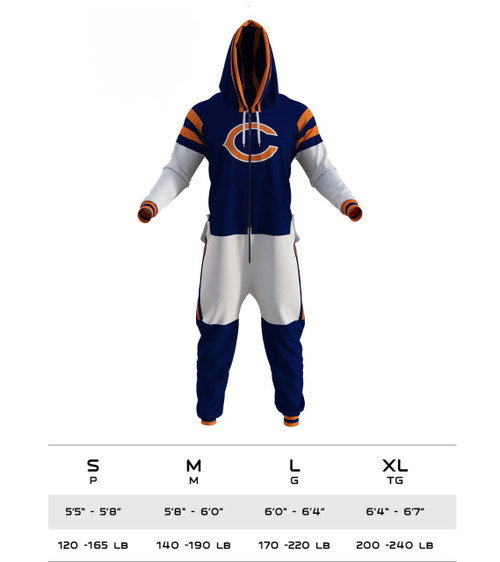Sportsedo Chicago Bears NFL Onesie, sports hoodie and pants featuring the Chicago Bears logo and team colors. Sportsedo Chicago Bears NFL Onesie, sports hoodie and pants featuring the Chicago Bears logo and team colors.