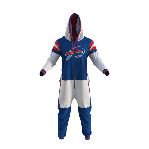 Sportsedo Buffalo Bills NFL Onesie, a full-body adult sports fan apparel in blue, white, and red with the Buffalo Bills logo on the chest, hood, and striped sleeves.