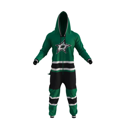 Hockey Sockey Dallas Stars NHL Onesie, a green and black sports onesie with the Dallas Stars logo, featuring a hood and matching pants. Hockey Sockey Dallas Stars NHL Onesie, a green and black sports onesie with the Dallas Stars logo, featuring a hood and matching pants.