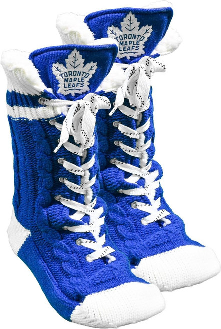 Hockey Sockey Toronto Maple Leafs NHL Slipper Skates, knitted blue and white slip-on footwear designed to resemble hockey skates with Toronto Maple Leafs logo on the tongue.