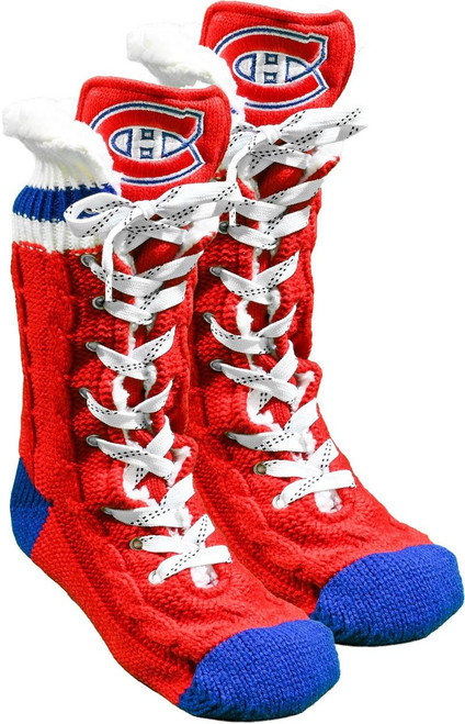Hockey Socks Montreal Canadiens NHL Slipper Skates, red and blue knitted hockey socks with the Montreal Canadiens logo and matching slippers designed to look like hockey skates.