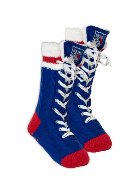 Hockey Sockey New York Rangers NHL Slipper Skates, colorful sock-shaped footwear designed with hockey team logo and colors. Hockey Sockey New York Rangers NHL Slipper Skates, colorful sock-shaped footwear designed with hockey team logo and colors.