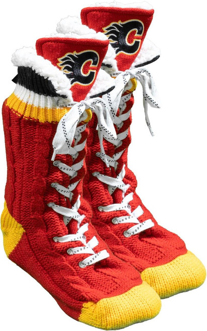 Hockey Socks Calgary Flames NHL Slipper Skates, red and yellow knitted hockey sock slippers designed to resemble hockey skates with lace-up front and team logo.