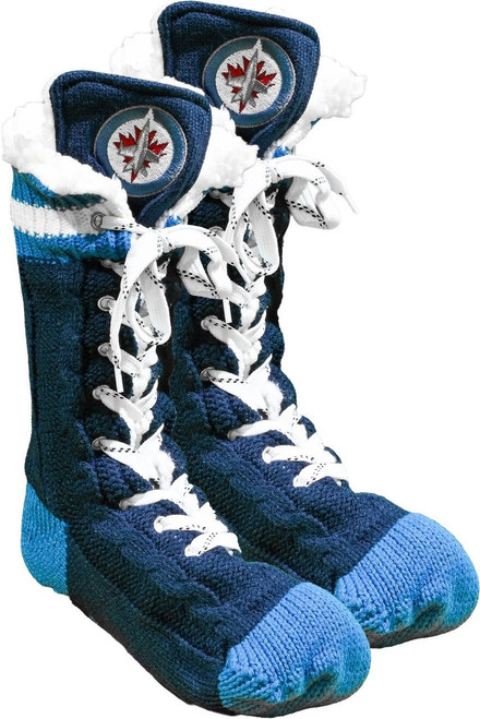 Hockey Sockey Winnipeg Jets NHL Slipper Skates, plush slippers designed to look like hockey skates with Jets logo and laces.