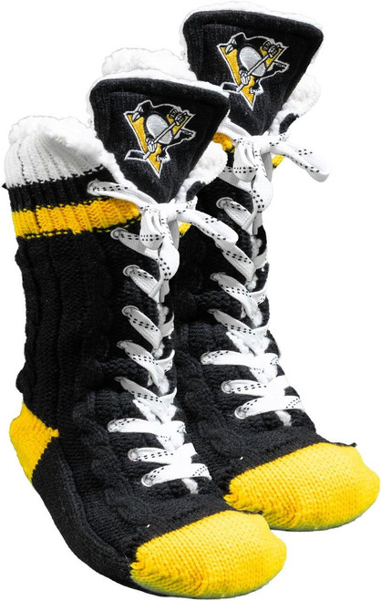 Hockey Socks Pittsburgh Penguins NHL Slipper Skates, knitted socks designed to resemble hockey skates with team logo and lace details.