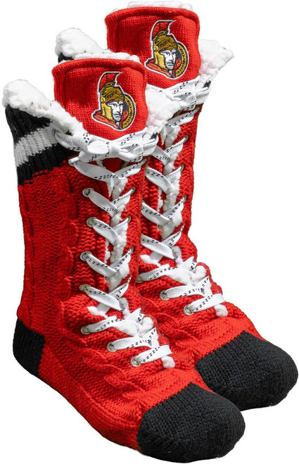 Product Hockey Sockey Ottawa Senators NHL Slipper Skates, red knitted slipper skates with white laces, black toe caps, and the Ottawa Senators logo on the top.