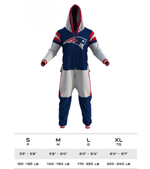 Sportsedo New England Patriots NFL Onesie, full-body Adult Onesie in team colors with Patriots logo, hood with red accents, long sleeves, and elastic cuffs.