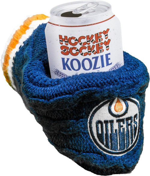 Hockey Sockey Edmonton Oilers NHL Koozie, soft knit koozie with Oilers logo, designed to insulate beverage cans, wrapped around a soda can.