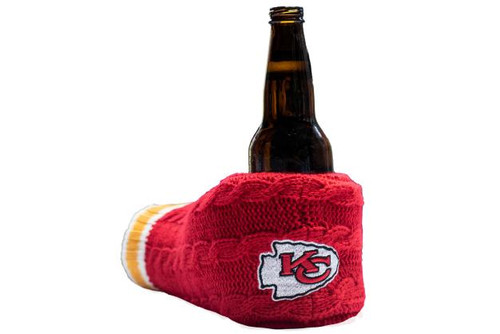 Sportsedo Kansas City Chiefs NFL Tailgate Koozie, red knit koozie with team logo and a beer bottle inside.