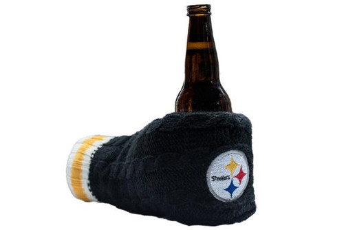 Sportsedo Pittsburgh Steelers NFL Tailgate Koozie, black sports koozie with Pittsburgh Steelers logo holding a beer bottle. Sportsedo Pittsburgh Steelers NFL Tailgate Koozie, black sports koozie with Pittsburgh Steelers logo holding a beer bottle.