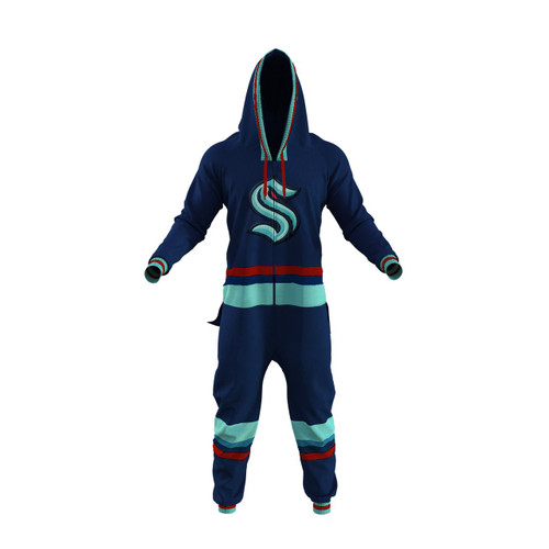Hockey Sockey Seattle Kraken NHL Onesie, a blue and teal hooded sports jumpsuit with team logo and stripes. Hockey Sockey Seattle Kraken NHL Onesie, a blue and teal hooded sports jumpsuit with team logo and stripes.