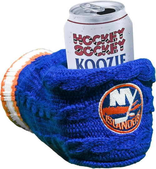New York Islanders NHL Koozie, a blue and orange insulated beverage can holder featuring the team logo, alongside a soda can with 'Hockey Soccer Koozie' printed on it. New York Islanders NHL Koozie, a blue and orange insulated beverage can holder featuring the team logo, alongside a soda can with 'Hockey Soccer Koozie' printed on it.