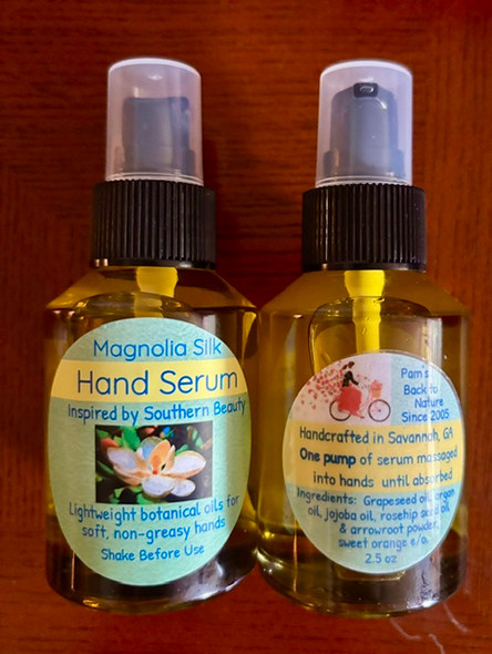 Magnolia Silk Hand Serum
 Botanical Luxury for Your Hands
This luxurious serum will make your hands feel cashmere soft. 
Enhanced with the light weight, high quality oils of:
Argan Oil....Rosehip Oil....Jojoba Oil....Grapeseed Oil
Your arms and face will love you to for putting this
velvet smooth serum to self care. Stays on skin a long time,

even after washing hands a few times.