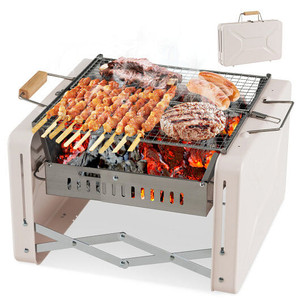 Folding Charcoal BBQ Grill with Dishwasher-safe Grill Grids and Charcoal Box-Beige B593-NP11412 Folding Charcoal BBQ Grill with Dishwasher-safe Grill Grids and Charcoal Box-Beige B593-NP11412