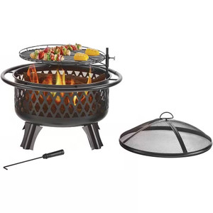 30-inch Black Steel Outdoor Fire Pit Grill with Screen and Poker Q280-PTSFPB149581473 30-inch Black Steel Outdoor Fire Pit Grill with Screen and Poker Q280-PTSFPB149581473