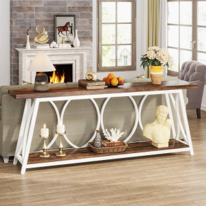 Industrial 70-inch Brown Wood Top Sofa Table with Heavy Duty White Metal Frame Q280-WHBRCTB1695817