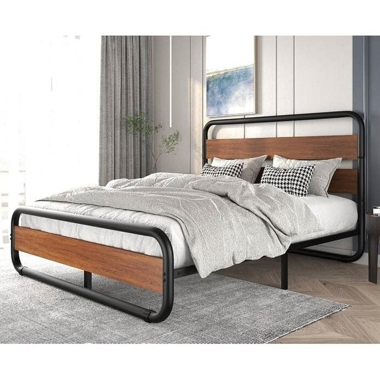 King size Heavy Duty Industrial Modern Metal Wood Platform Bed Frame with Headboard Q280-KBFHD159873