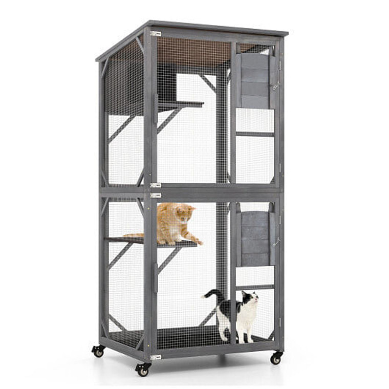 72 Inch TallWooden Cat House with Weatherproof Asphalt Roof-Gray B593-PV10074 72 Inch TallWooden Cat House with Weatherproof Asphalt Roof-Gray B593-PV10074