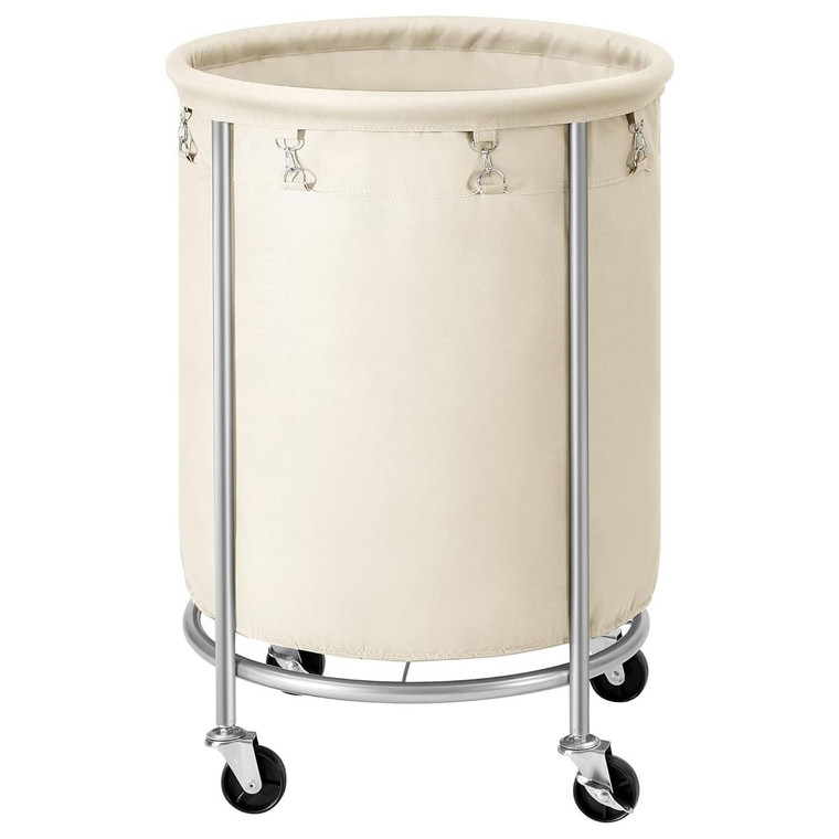 Round 45-Gallon Laundry Basket Hamper w/ Cream Fabric Bag Steel Frame on Wheels Round 45-Gallon Laundry Basket Hamper w/ Cream Fabric Bag Steel Frame on Wheels