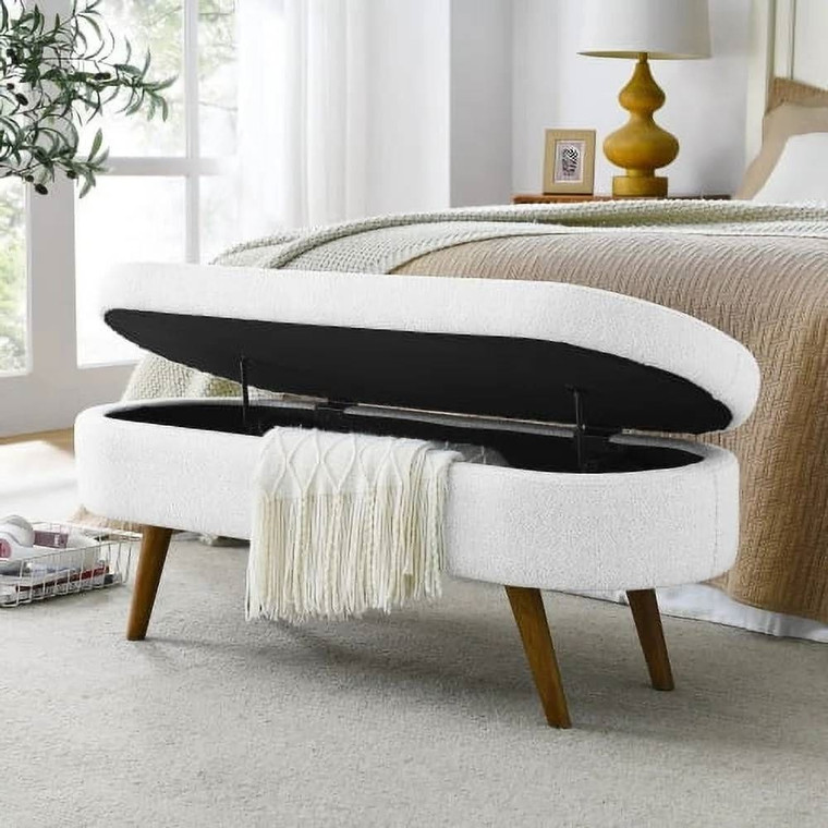 Mid-Century Modern Boho Style White Linen End of Bed Storage Bench Q280-SLFESB981362547