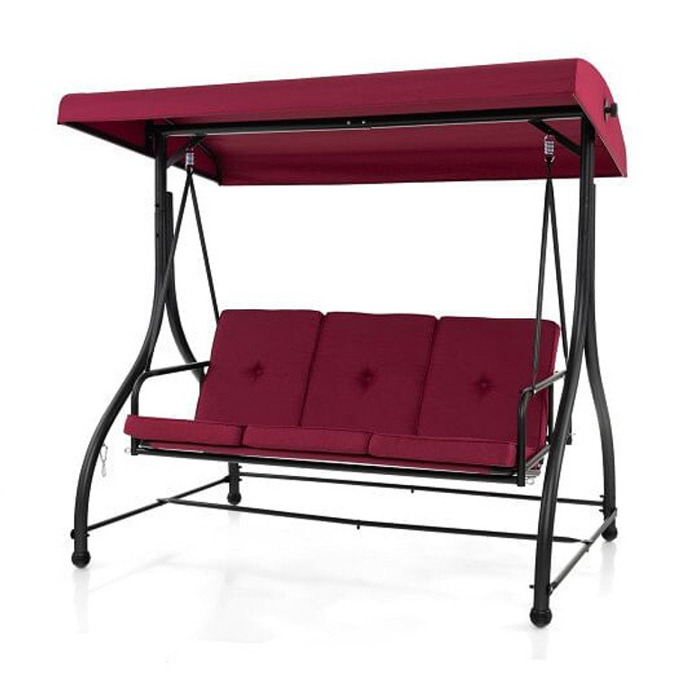 3 Seat Outdoor Porch Swing with Adjustable Canopy-Wine - Color: Wine D681-NP11065WIN