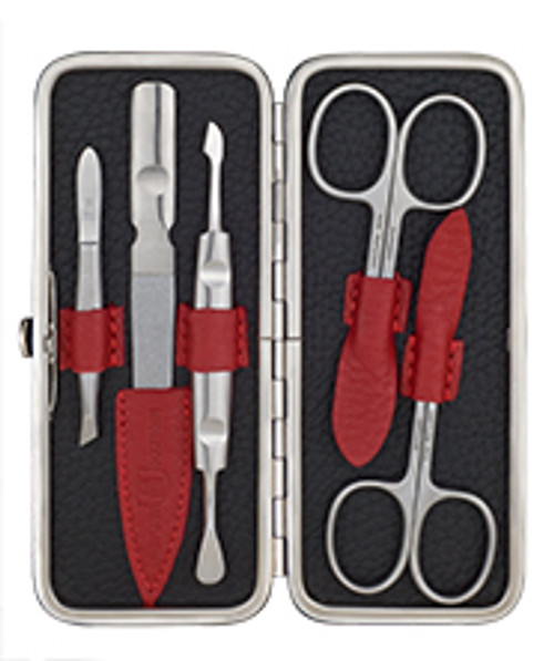 Dreiturm - 5 pc. Manicure Set, Black/Red Leather Case, Stainless, German, Solingen (672924)