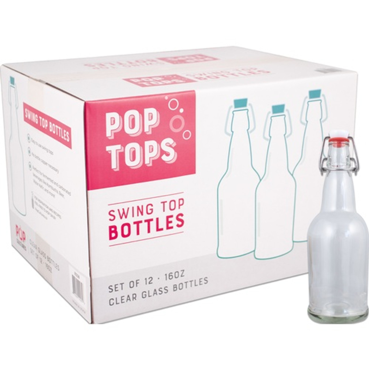 Pop Tops Swing Top Bottles - 16 oz. Clear (Case of 12)
