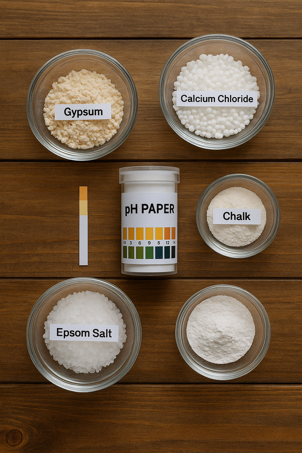 A flat lay of brewing salts, minerals, and tools (e.g., gypsum, calcium chloride, pH strips).