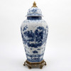 2022:10610 Blue and White Porcelain Ormolu 19.25 Inch Covered Cassolette Urn Centerpiece Jar