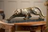 Bronze & Marble 25 Inch Crouching Lion Sculpture - Antique Bronze Patina