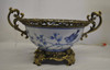 Blue and White Nature Scene - Luxury Handmade Reproduction Chinese Porcelain and Gilt Brass Ormolu - 16 Inch Statement Centerpiece Bowl - Style Q78
