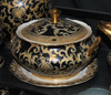 Ebony Black and Gold Lotus Scroll - Luxury Handmade Reproduction Chinese Porcelain - 12 Inch Decorative Tureen Centerpiece - Undulated Edge Style 781
