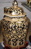Ebony Black and Gold Lotus Scroll - Luxury Handmade Reproduction Chinese Porcelain - 21 Inch Covered Hexagon Temple Jar Style A11