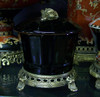 Ebony Black Glaze Decorator Solid with D'or Brass Ormolu, Luxury Handmade Chinese Porcelain, Statement 7 Inch Tabletop Pet Treat or Covered Dish Style B236