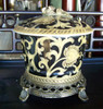 Ebony Black and Gold Lotus Scroll, Luxury Handmade Reproduction Chinese Porcelain and Gilt Brass Ormolu, 7 Inch Tabletop Pet Treat or Covered Dish Style B236