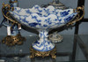 Blue and White Nature Scene - Luxury Handmade Reproduction Chinese Porcelain and Gilt Brass Ormolu - 19 Inch Footed Flower Bowl | Centerpiece - Style B358