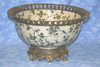 Off White and Green Ivy Vine with Dorado de Oro Brass Ormolu - Luxury Handcrafted Chinese Porcelain - Statement 16 Inch Decorative Display Bowl | Centerpiece - Style F78