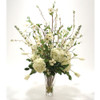 High End Natural Look, Oversized 48 Inch Silk Flower Arrangement, Cream Tulips, Hydrangeas, and Foxglove with Dogwod Branches , Clear Glass Vase with Acrylic Water