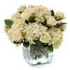 High End Natural Look, 14 Inch Silk Flower Arrangement, Cream Roses and Hydrangeas, Clear Glass Vase with Acrylic Water