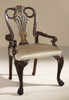 Hardwood Hand Carved Chinoiserie Style - 41 Inch Accent | Dining | Arm Chair - Wood Finish with Neutral Silk Upholstery