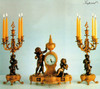 Antique Style French Louis Garniture, Handmade Reproduction Italian Gilt Brass Ormolu Mantel, Table Clock And Five Light Candelabra Set, French Gold Finish, Handmade Reproduction of a 17th, 18th Century Dore Bronze Antique, 2604