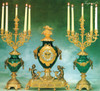 339 Antique Style French Louis Gilt Brass Ormolu Garniture, Verde Delle Alpi Marble Mantel, Table Clock And Six Light Candelabra Set, French Gold Finish, Handmade Reproduction of a 17th, 18th Century Dore Bronze Antique