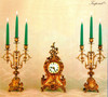 Antique Style French Louis Garniture, Brass Ormolu, Louis XV, Rococo, Mantel, Table Clock And 16.53" Three Light Shallow Candelabra Set, French Gold Gilt Patina, Handmade Reproduction of a 17th, 18th Century Dore Bronze Antique, 2542