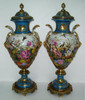 Les Oiseaux-Mouches dans le Jardin - Fine French Luxury Hand Painted Reproduction Sevres Porcelain and Gilt Bronze Ormolu - 36 Inch Palace Urns - Set of Two