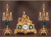 Antique Style French Louis Crystal and Malachite, d'Oro Ormolu Garniture Mantel, Table Clock, Five Light Candelabra Set - 24k Gold Patina - Handmade Reproduction of a 17th, 18th Century Dore Bronze Antique, 6268