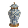 Lyvrich Objet d'Art | Handmade Covered Jar, Centerpiece Urn | Blue and White Brocade, | Porcelain with Gilded Dior Ormolu Trim, | 21.65"t X 12"w X 12"d | 6511