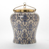 Lyvrich | Handmade Ginger Jar, Centerpiece, | Blue and White Brocade, | Ginger Jar, Centerpiece, | Heirloom Quality Porcelain with Gilded Dior Ormolu Trim, | 15.75"t X 11.50"w X 11.50"d | 6595